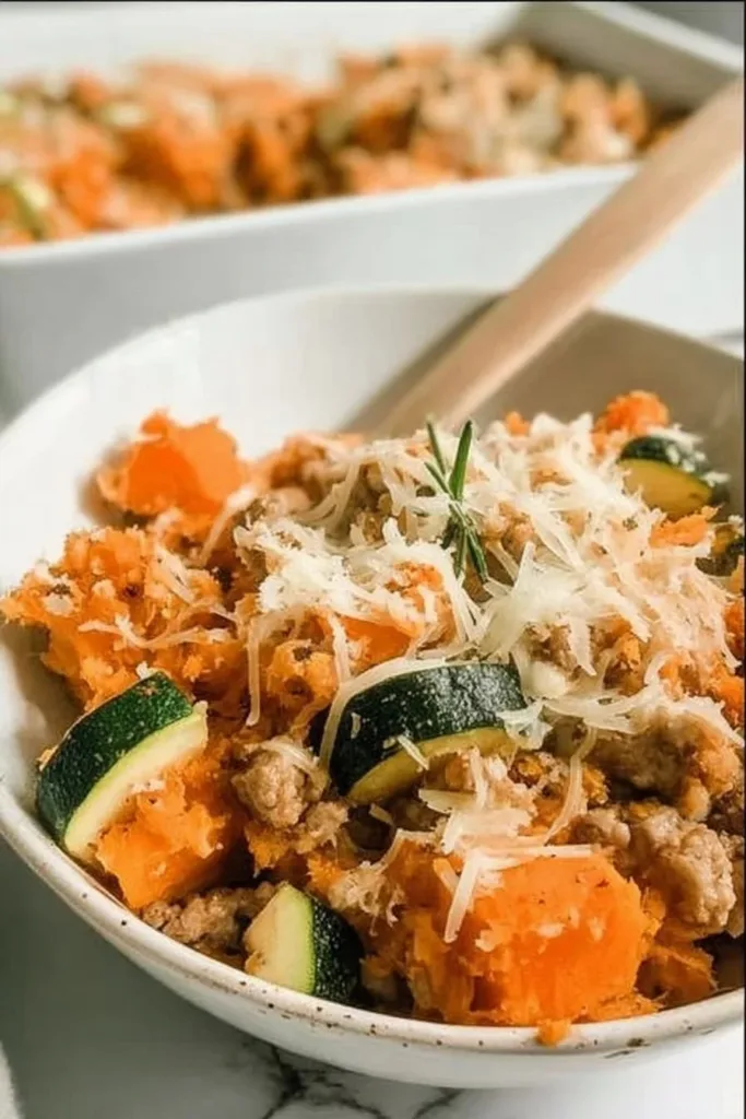Ground turkey sweet potato bake with herbs and vegetables in a casserole dish