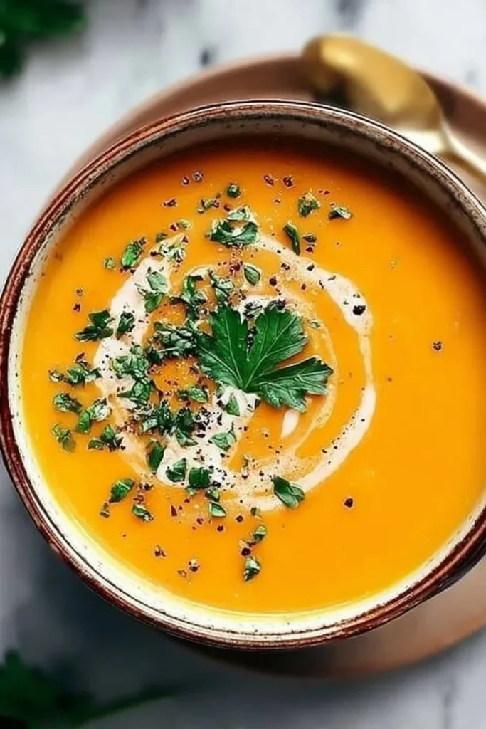 Delicious bowl of healthy butternut squash soup garnished with herbs