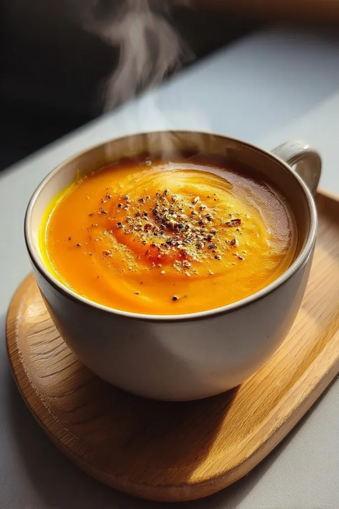 Bowl of hearty apple carrot ginger soup garnished with fresh herbs.