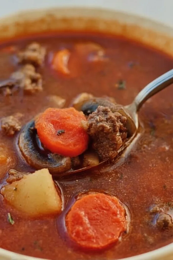Bowl of hearty beef and vegetable soup with fresh herbs and vegetables