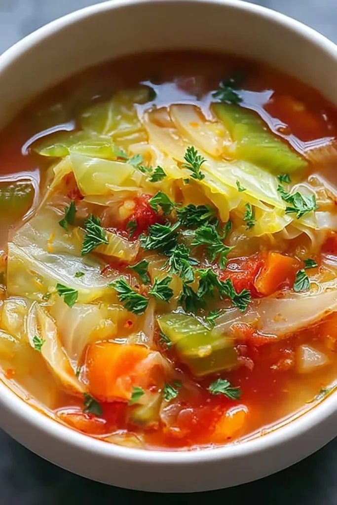 Bowl of Hearty Cabbage Detox Soup filled with fresh vegetables and herbs.