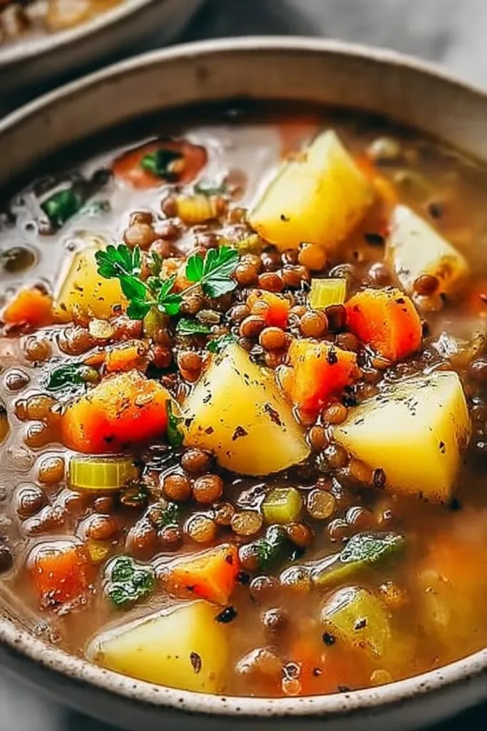 Bowl of hearty lentil and potato soup topped with fresh herbs.