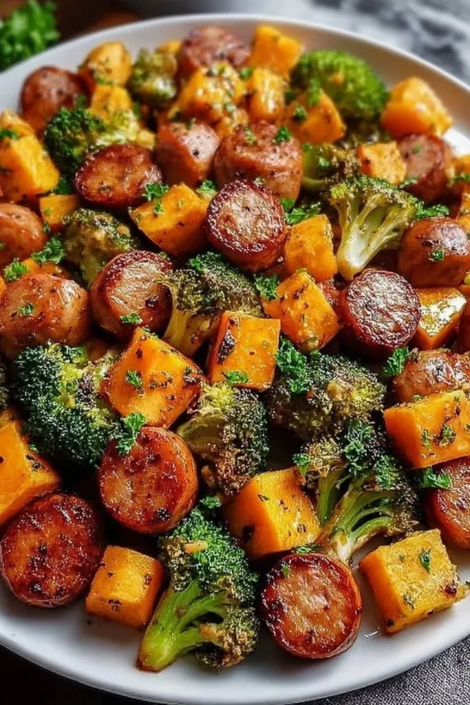 Honey Garlic Sheet Pan Sausage 2 Honey garlic sausage dish on a sheet pan, with colorful vegetables.