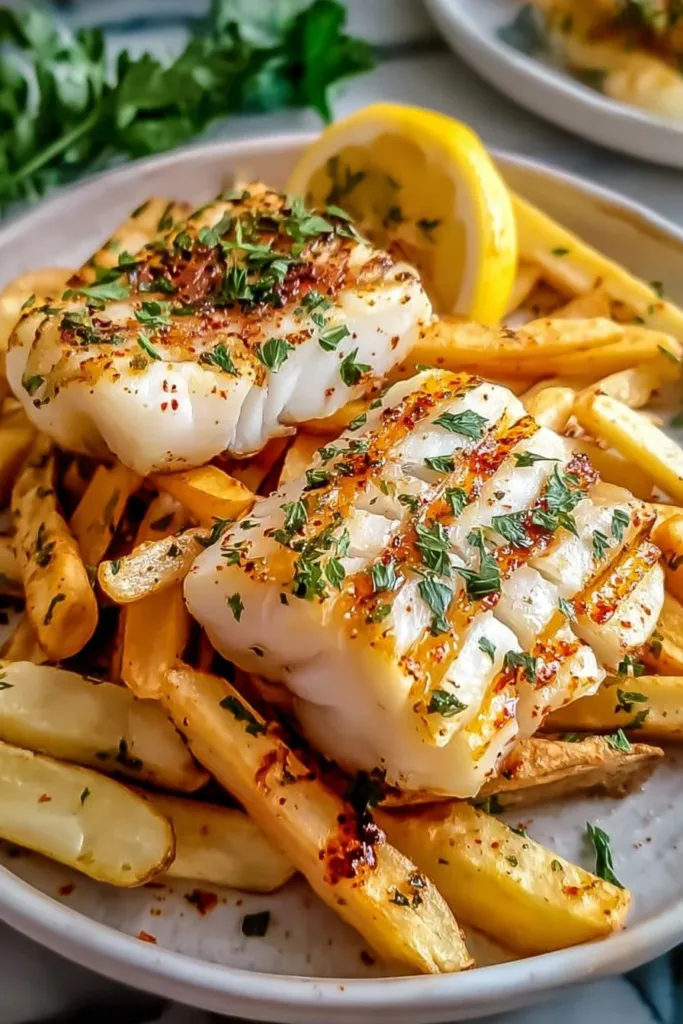 Grilled cod served with crispy fries on a plate