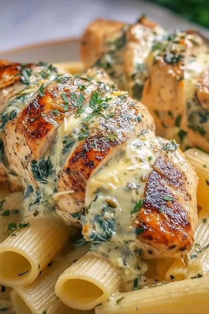 Spinach stuffed chicken with creamy rigatoni on a plate