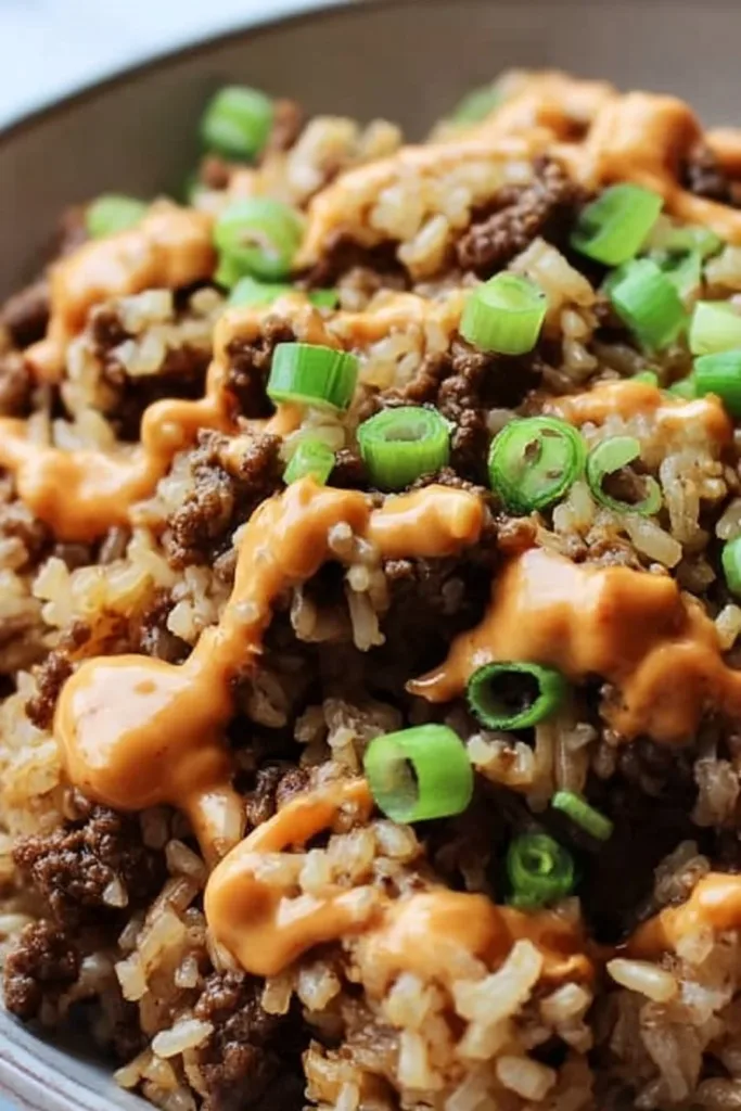 Instant Pot Bang Bang Beef and Rice dish ready to serve