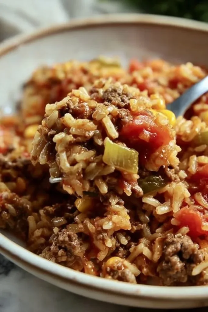 Instant Pot Cheesy Beef and Rice 3 A serving of Instant Pot cheesy beef and rice garnished with herbs.