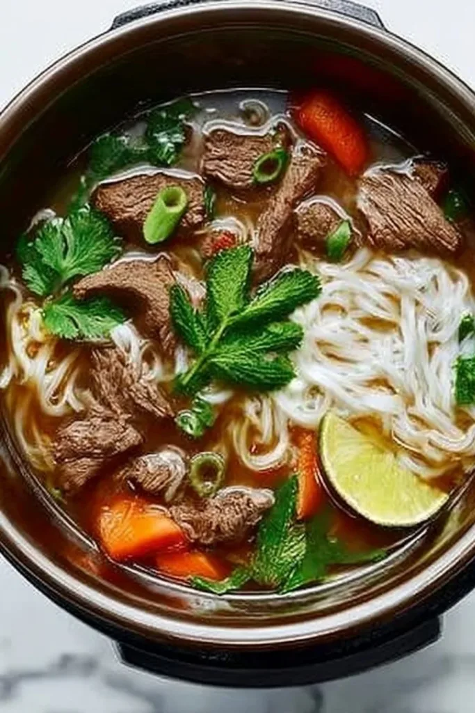 Bowl of Instant Pot Vietnamese beef pho with fresh herbs and noodles