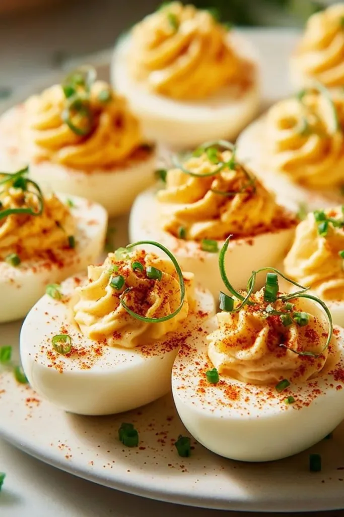 Irresistible Deviled Eggs 3 Plate of irresistible deviled eggs garnished with paprika and herbs