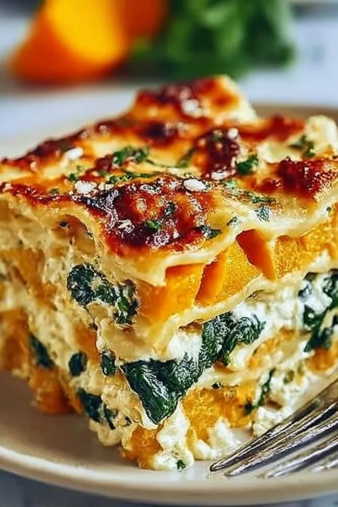 Delicious butternut squash lasagna with spinach and Italian cheese layers