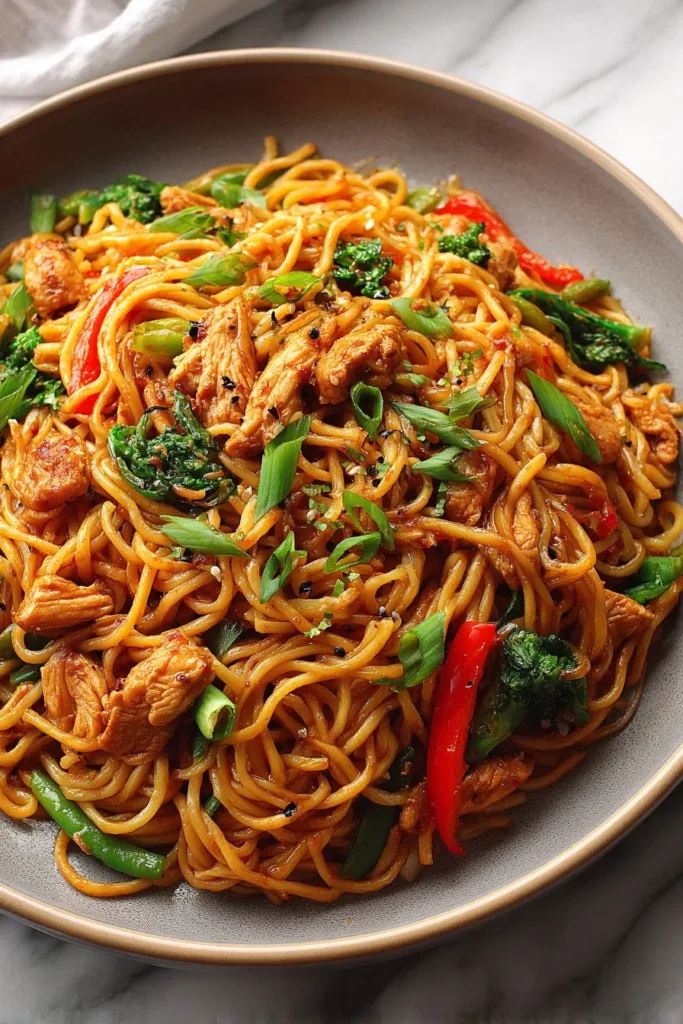 Irresistibly Sticky Garlic Chicken Noodles You'll Love 3 Plate of sticky garlic chicken noodles garnished with herbs