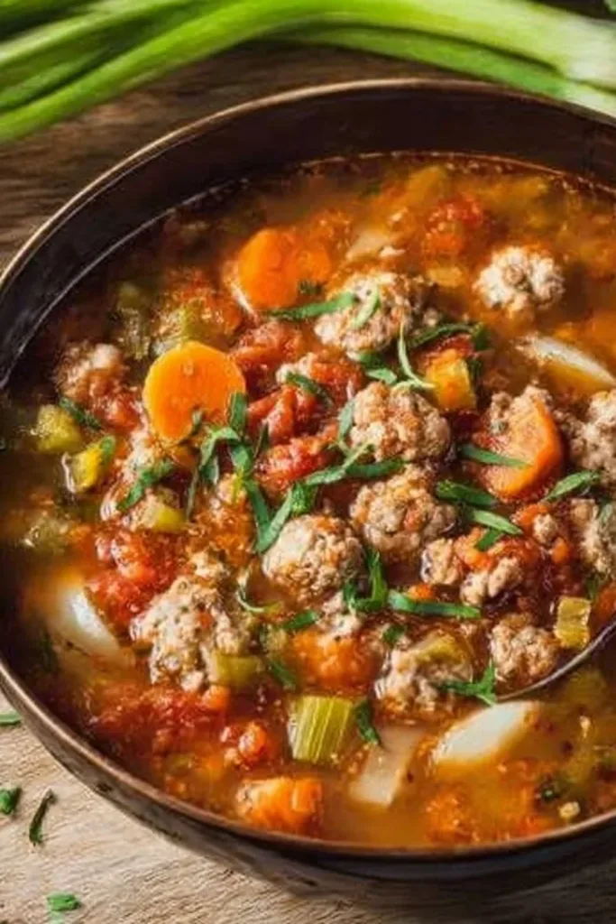 Bowl of Italian Turkey Burger Soup with fresh herbs and vegetables