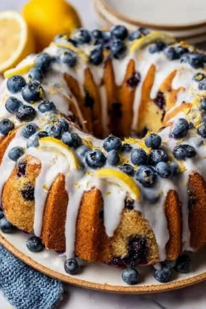 Lemon blueberry bundt cake topped with lemon glaze and fresh blueberries