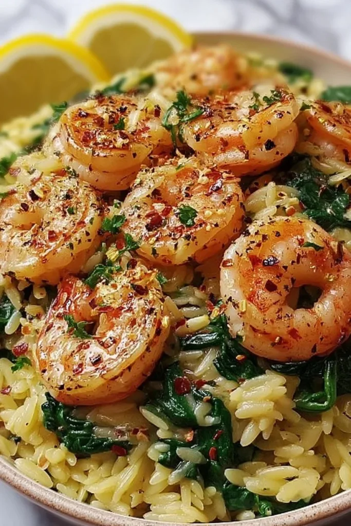 Plate of Lemon Garlic Shrimp with Spinach Orzo garnished with fresh herbs