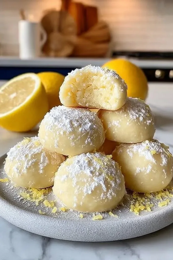 Lemon Snowball Cookies Recipe 3 Freshly baked lemon snowball cookies dusted with powdered sugar.