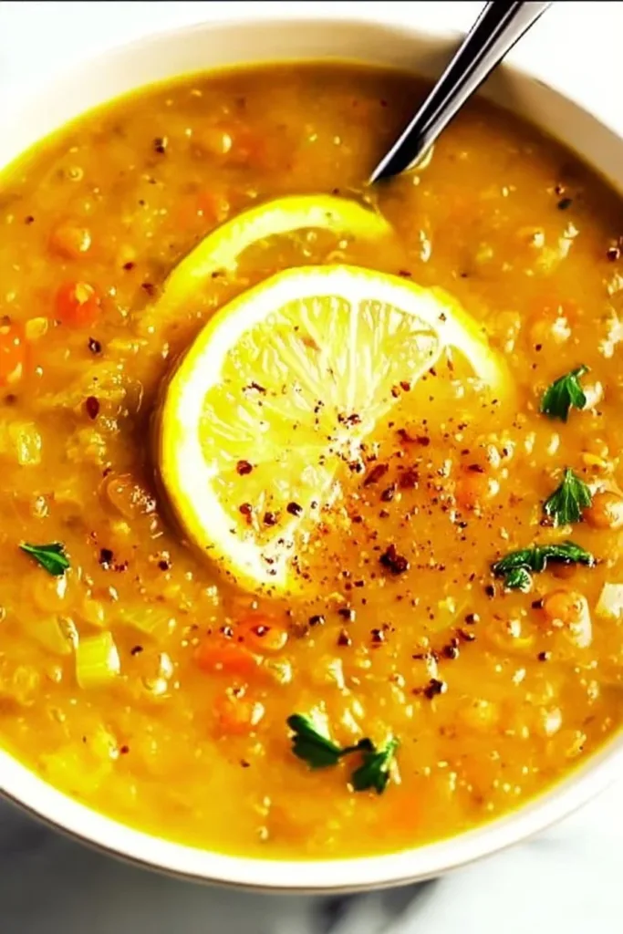 Lemony Lentil Soup 3 Bowl of Lemony Lentil Soup garnished with fresh herbs and lemon slices