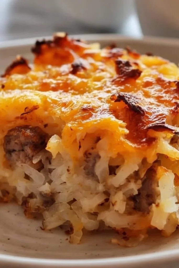 Loaded Sausage Hashbrown Casserole topped with cheese and herbs