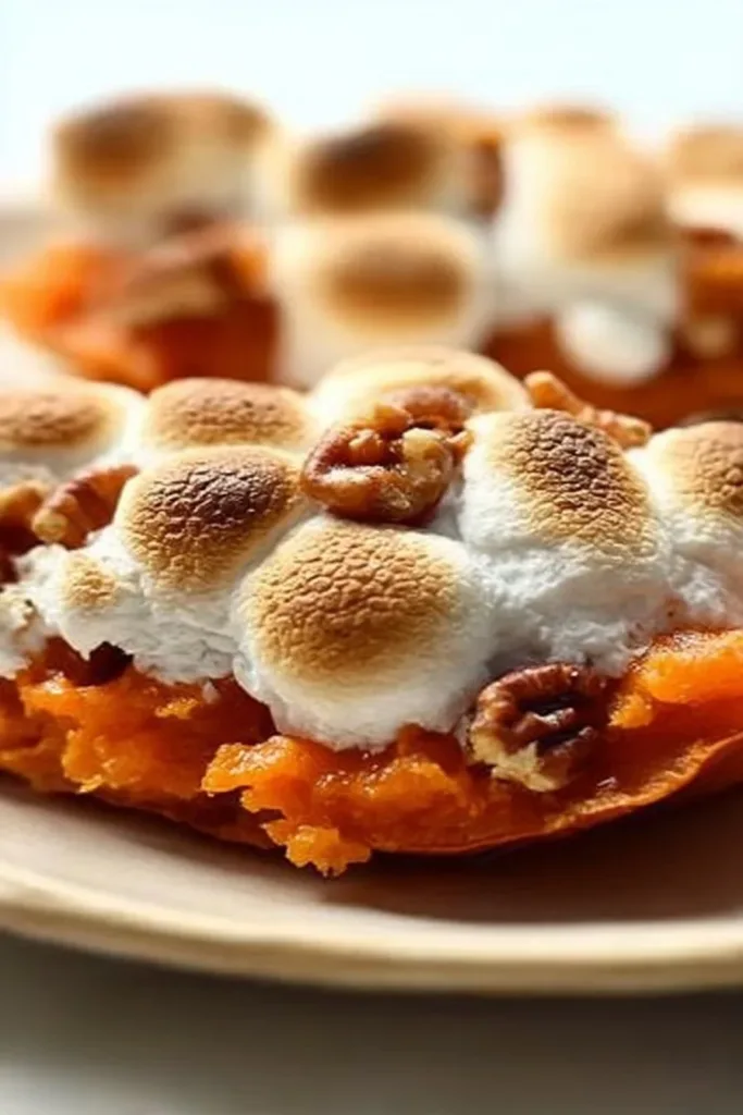 Delicious Marshmallow Pecan Sweet Potatoes topped with pecans and marshmallows