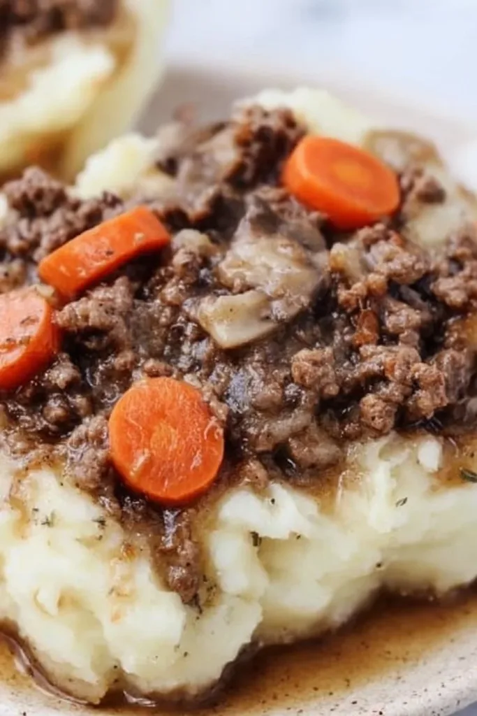 Mashed Potato Beef Casserole topped with golden crust and parsley garnish