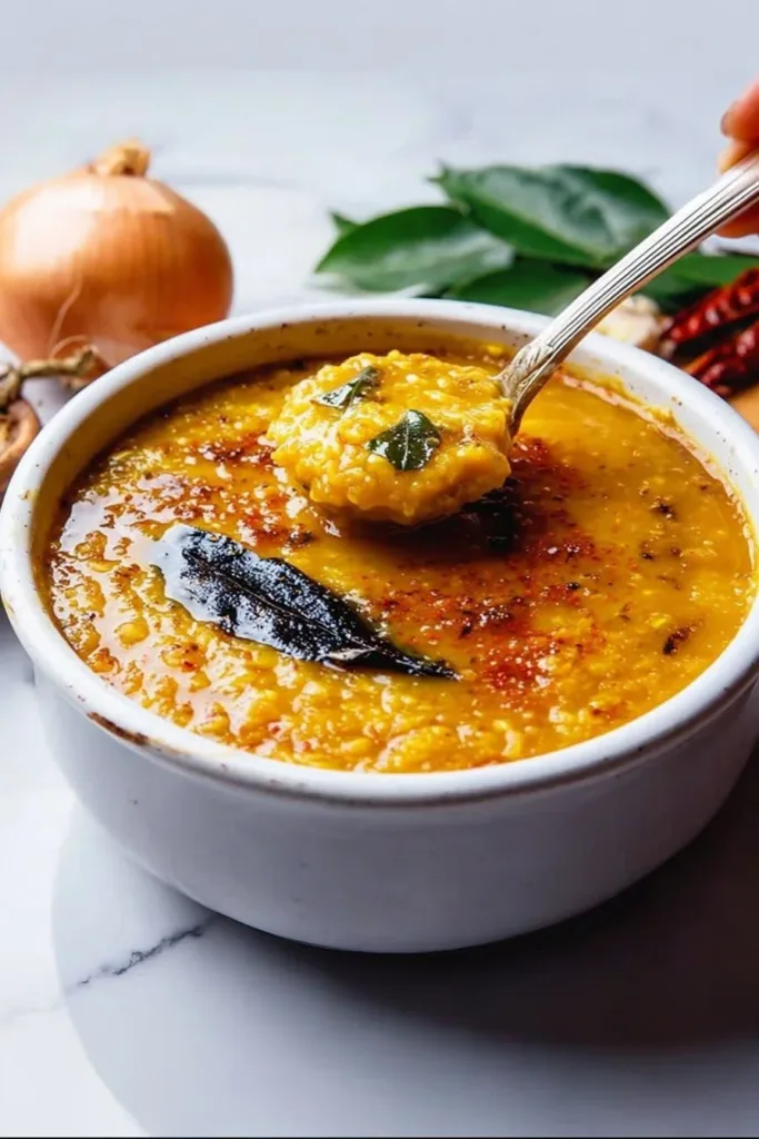 Delicious Masoor Dal served in a bowl with rice and spices.