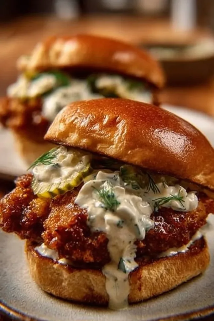 Nashville hot chicken sliders with dill pickle aioli on a serving platter.