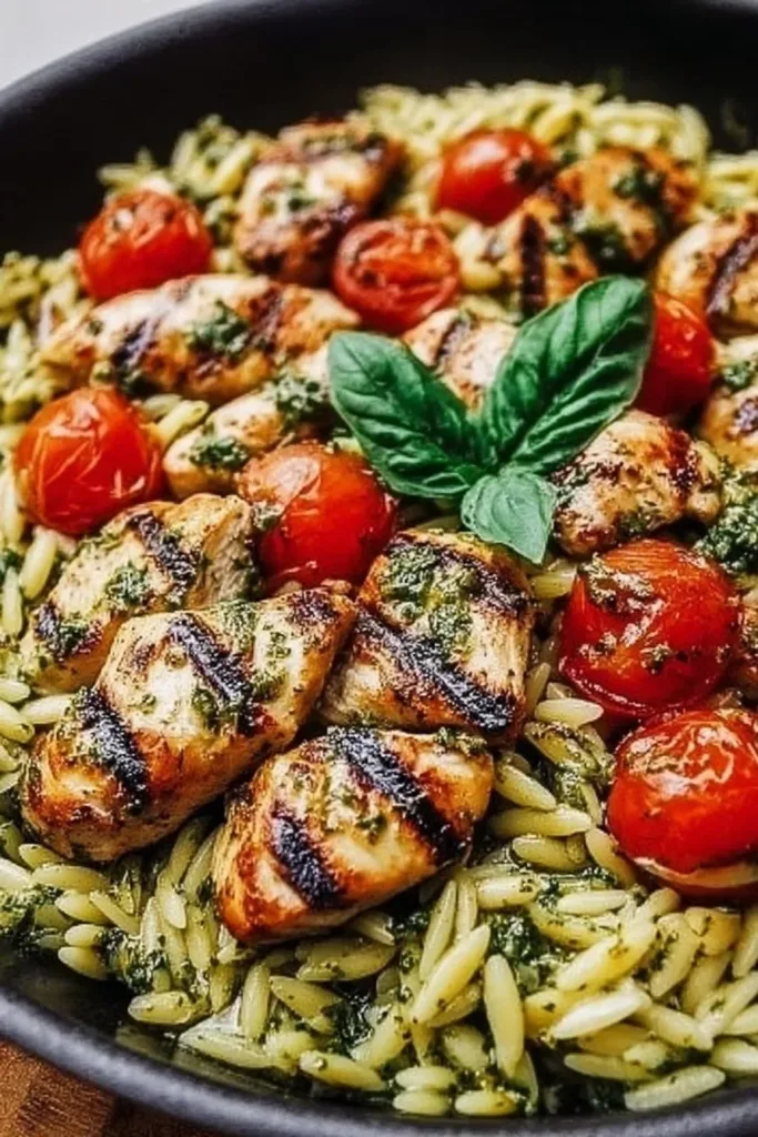 One pan chicken and pesto orzo dish, featuring tender chicken and vibrant herbs