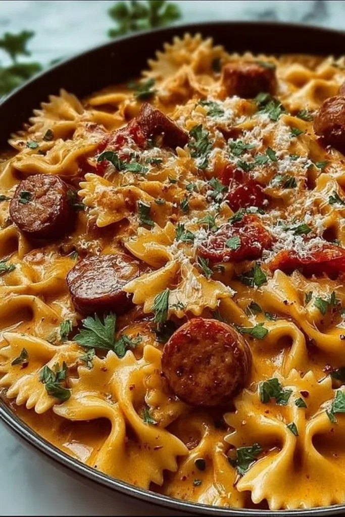 One-Pot Creamy Cajun Sausage Pasta served with fresh herbs