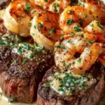 Delicious steak and garlic shrimp surf and turf served on a plate