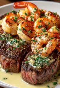 Delicious steak and garlic shrimp surf and turf served on a plate