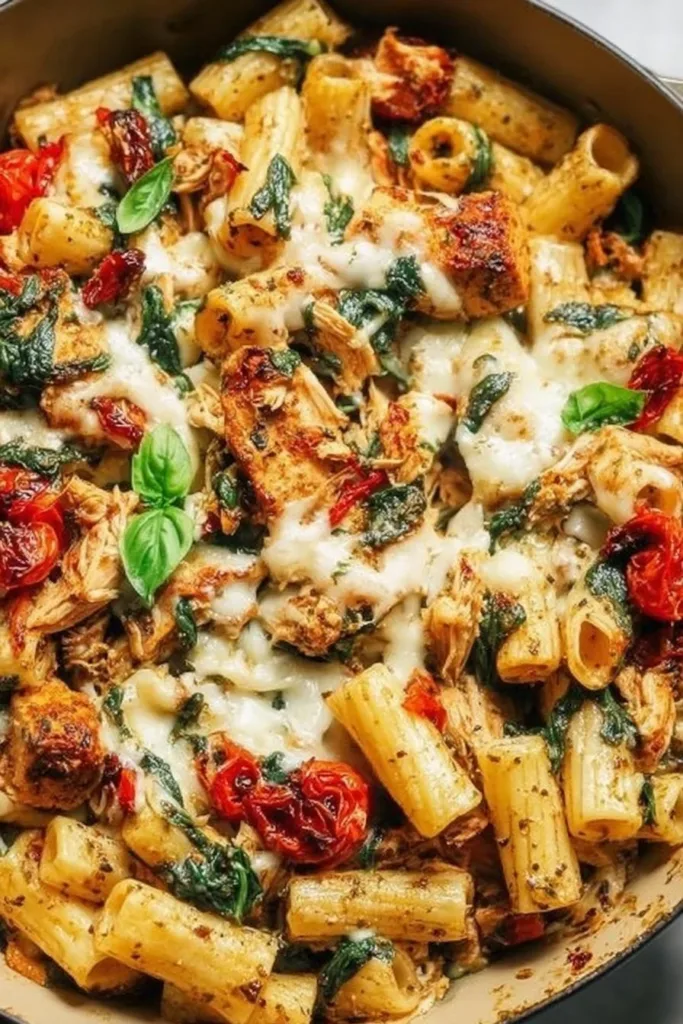 Pesto Chicken Pasta Bake 2 Pesto Chicken Pasta Bake, a delicious and creamy dish topped with cheese.