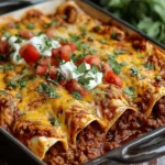 Delicious pizza enchiladas filled with ground beef, garnished with cheese and toppings.