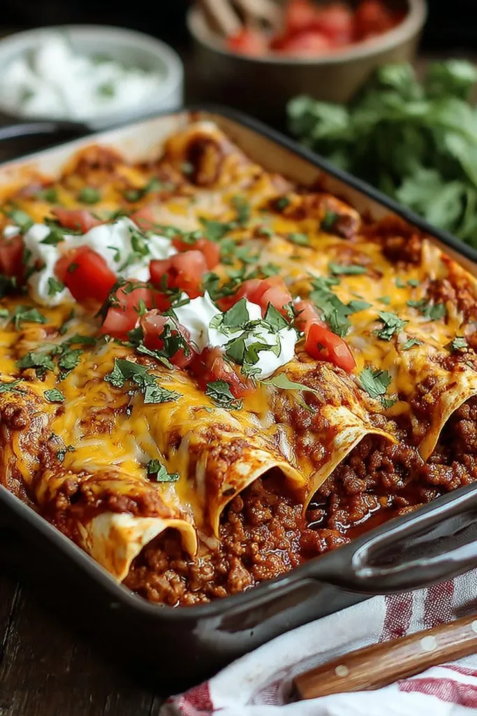 Delicious pizza enchiladas filled with ground beef, garnished with cheese and toppings.