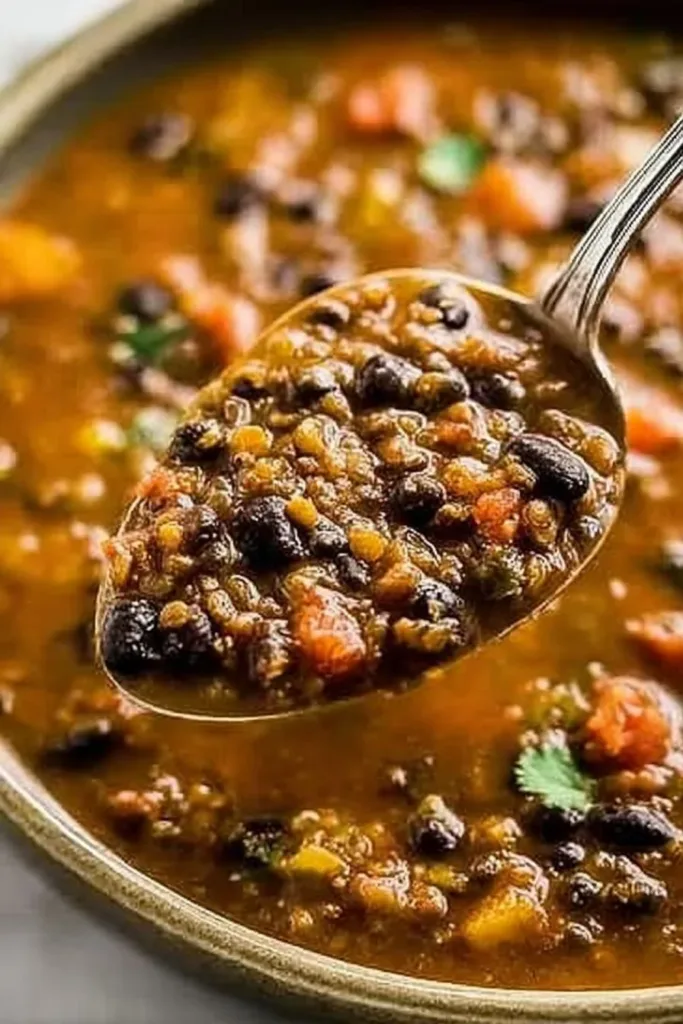 Protein-Packed Black Bean and Lentil Soup 3 Delicious protein-packed black bean and lentil soup in a bowl