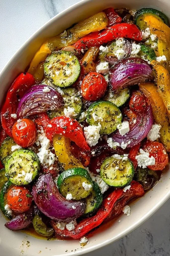 One-pan Greek vegetables dish with colorful vegetables and herbs
