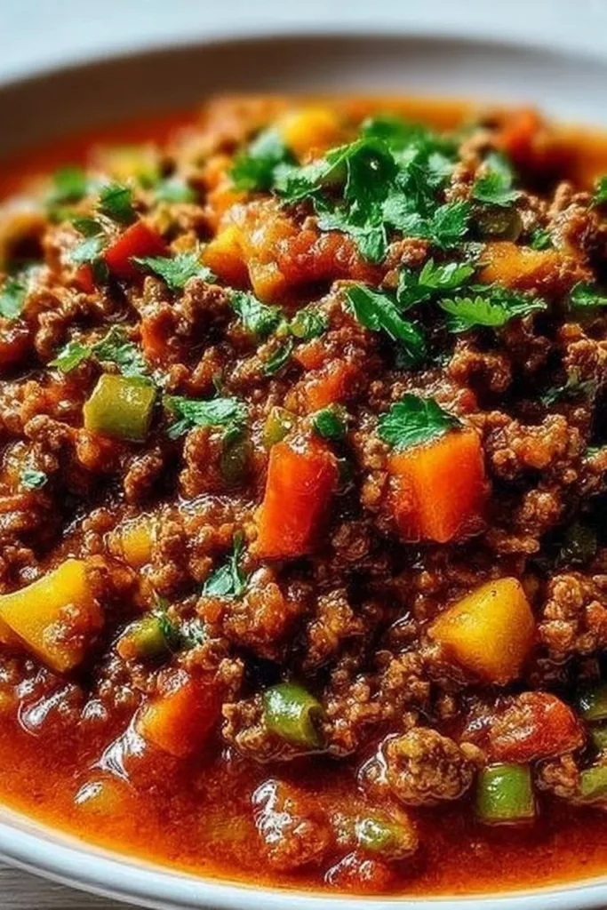 A hearty bowl of Ranchero Picadillo, a traditional Mexican dish with ground meat and spices.