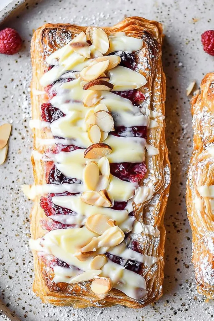 Delicious Raspberry Almond Danish pastry with puff pastry and glossy raspberry filling