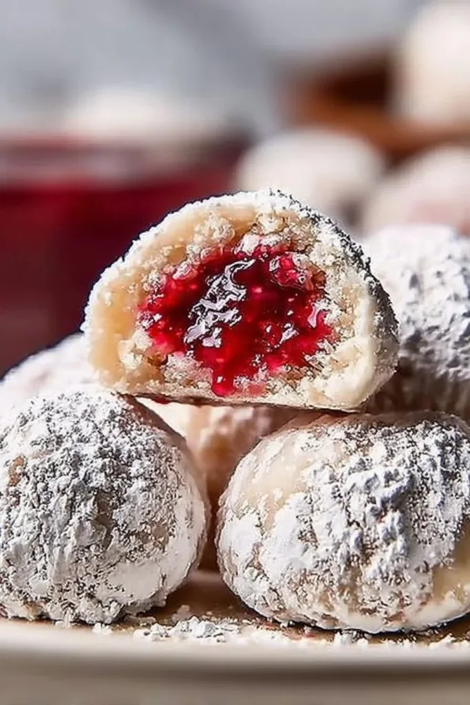 Raspberry Almond Snowball Cookies dusted with powdered sugar