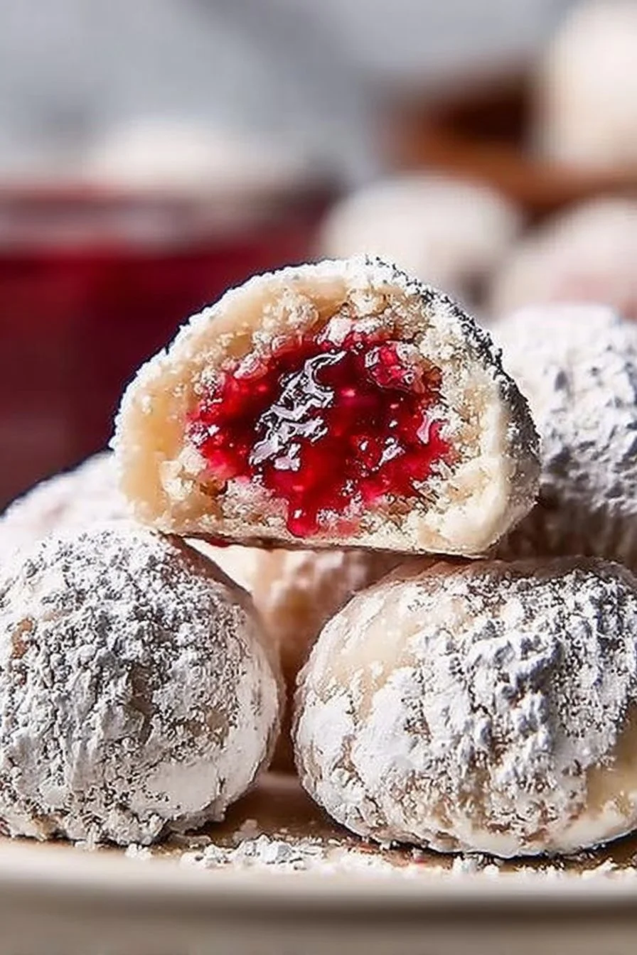 Raspberry Almond Snowball Cookies