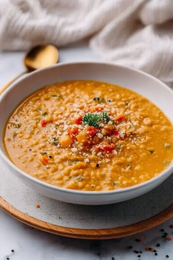 A bowl of Red Lentil Dahl soup with spices and herbs garnished for flavor.