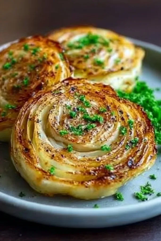 Roasted cabbage steaks seasoned and ready to serve on a plate