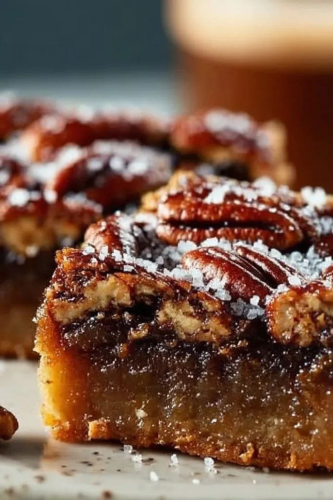 Salted Maple Pecan Pie Bars 3 Delicious salted maple pecan pie bars on a rustic wooden table