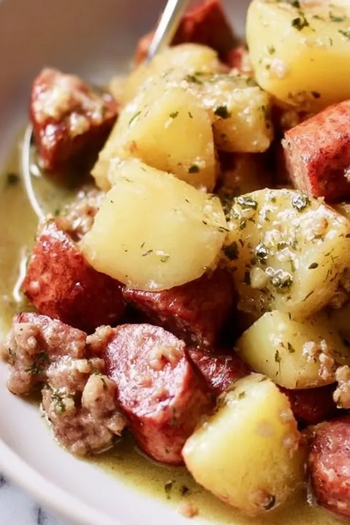 Sausage and Potato Dinner 2 Sausage and potato dinner dish with vegetables in a skillet.
