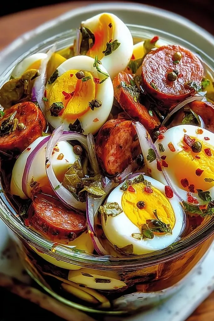 Jar of savory and tangy pickled eggs with sausage inside