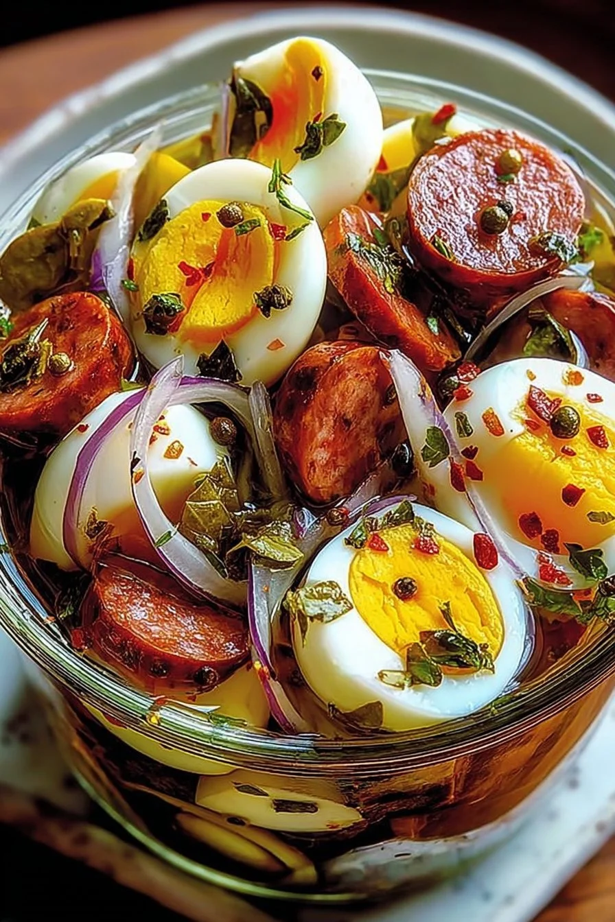 Savory and Tangy Pickled Eggs and Sausage in a Jar