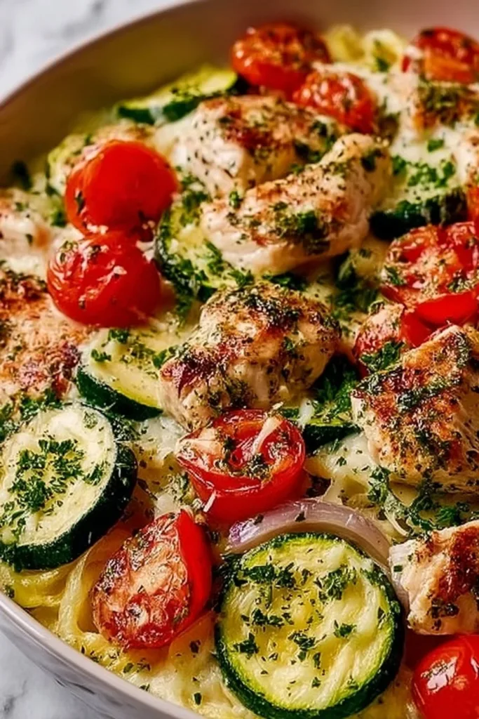 Savory Mediterranean Chicken Zucchini Bake topped with herbs and cheese.