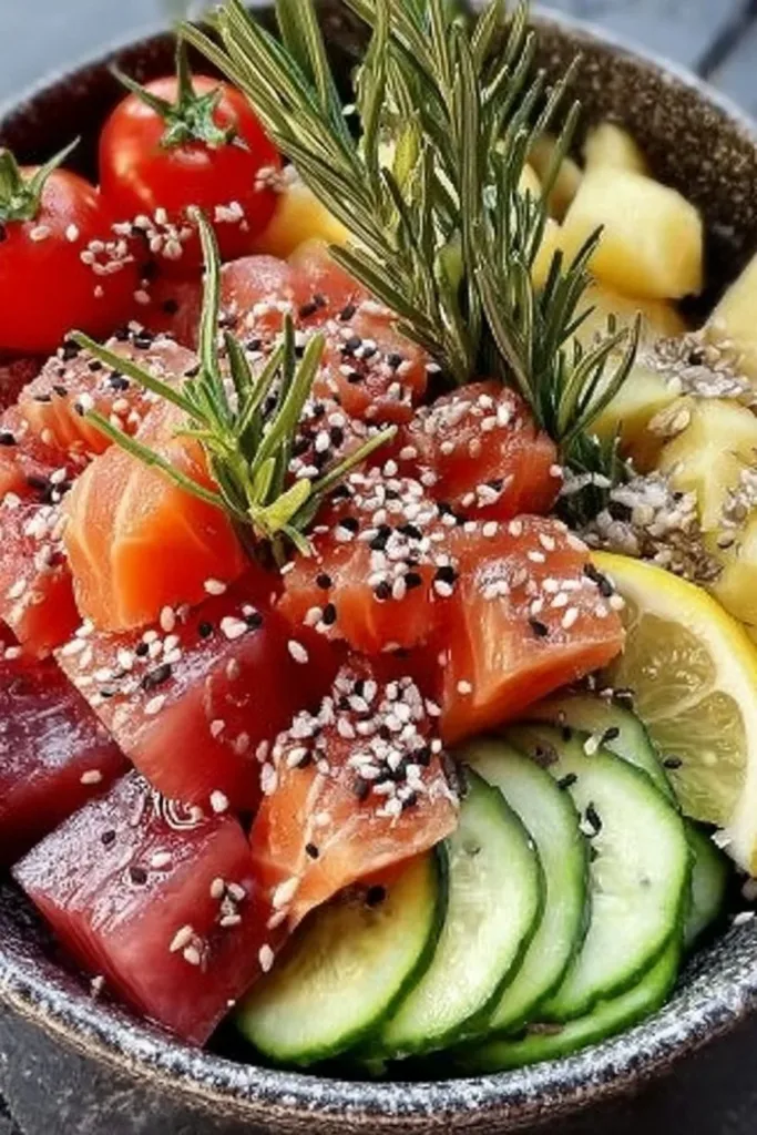 Savory tuna bowl with garlic and rosemary served in a colorful dish