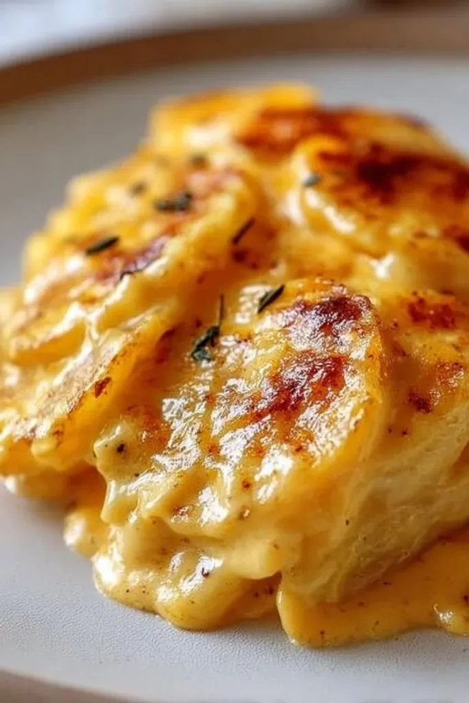 Creamy scalloped potatoes baked to golden perfection