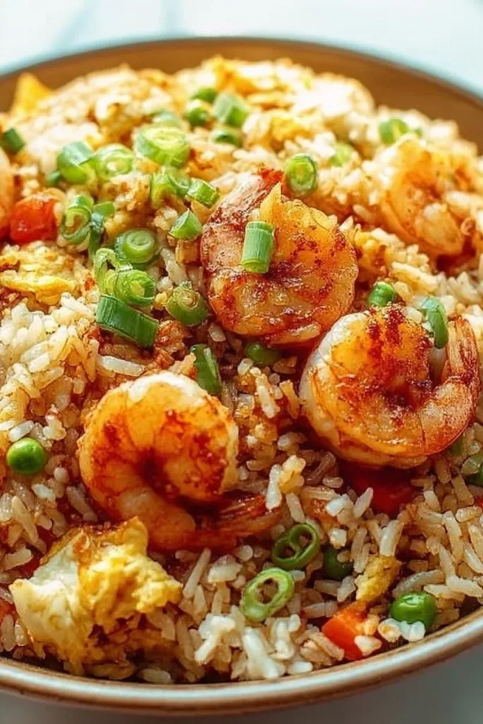 Shrimp Fried Rice 3 Plate of shrimp fried rice garnished with vegetables and shrimp
