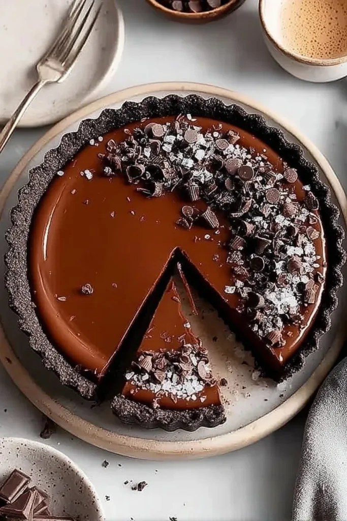 Simple no-bake vegan chocolate tart topped with fresh berries.