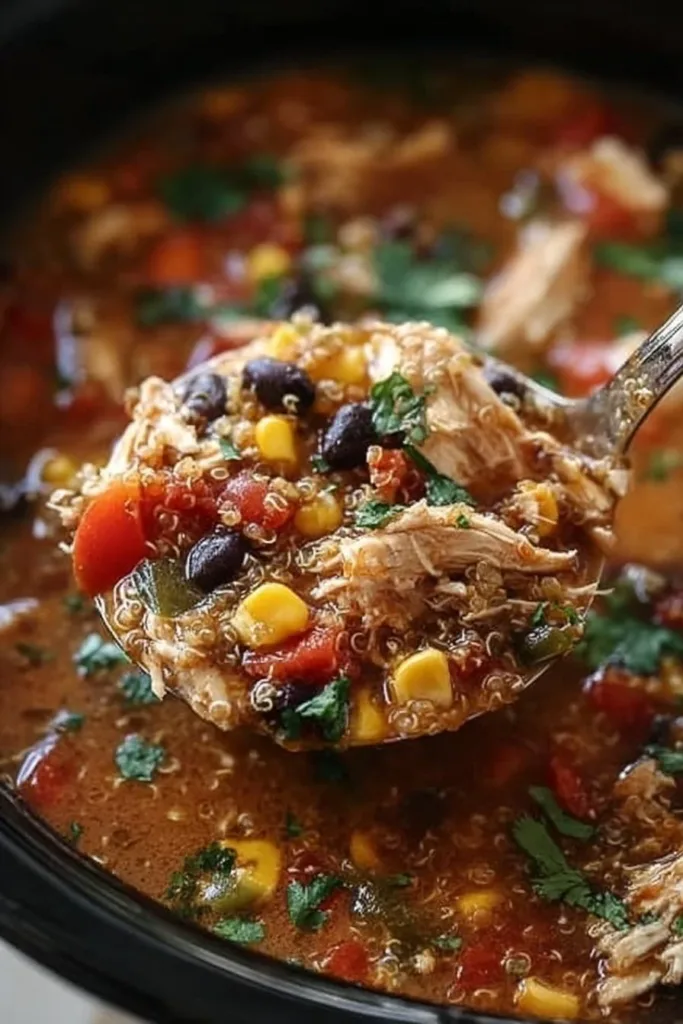 Bowl of Slow Cooker Chicken Fajita Soup with quinoa and colorful peppers